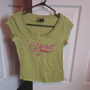 Diesel Women's Green Tee with Pink Logo